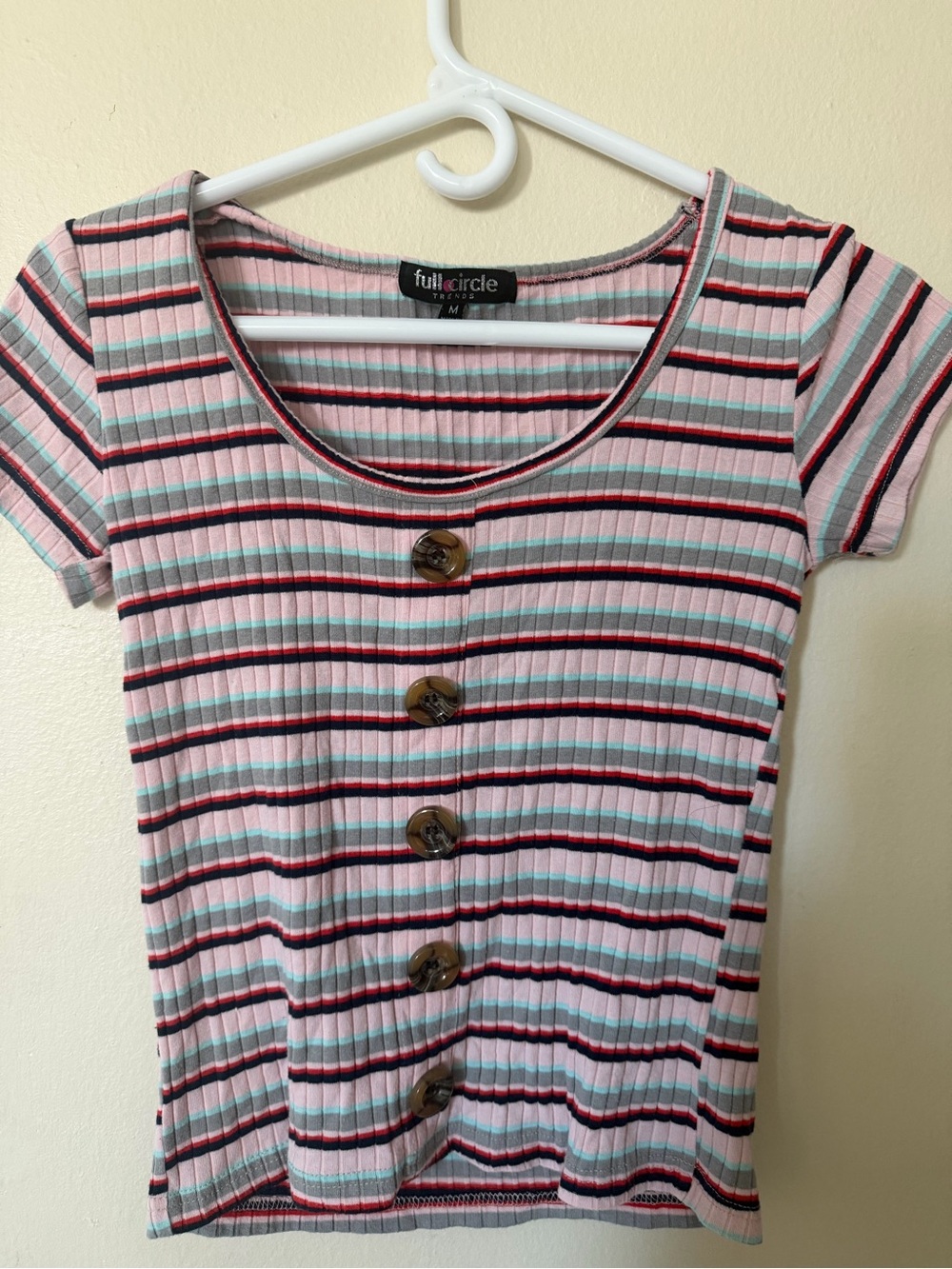 Pink Striped Ribbed Button-Front Scoop Neck Top